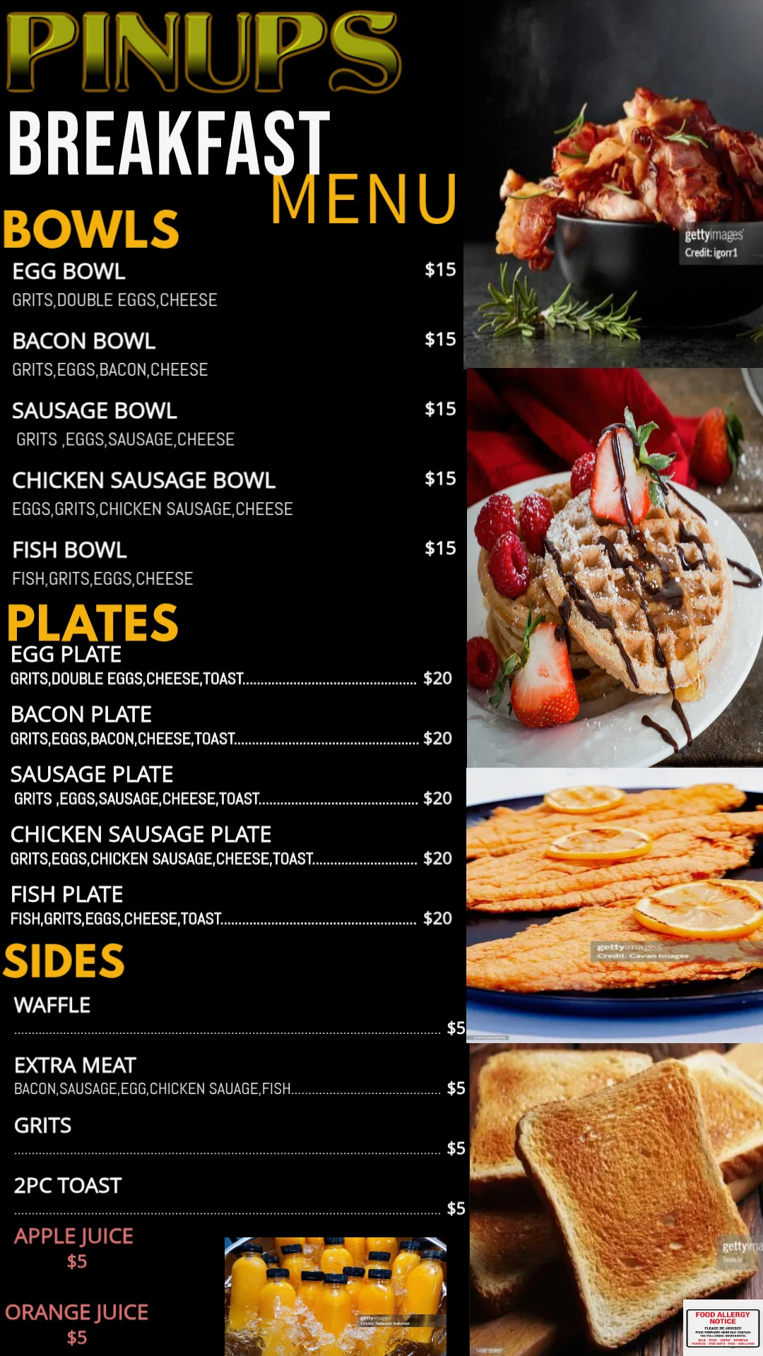 Pin Ups Breakfast Menu